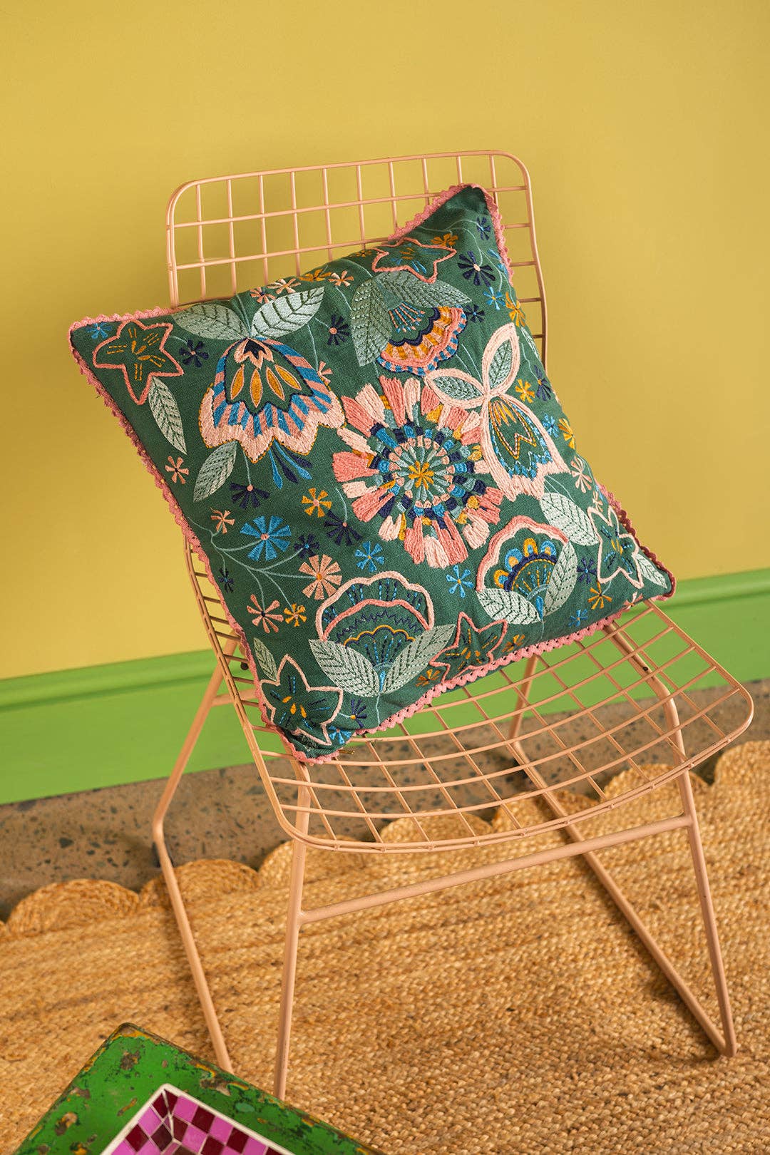 Sea Green Floral Embroidered Cushion Cover