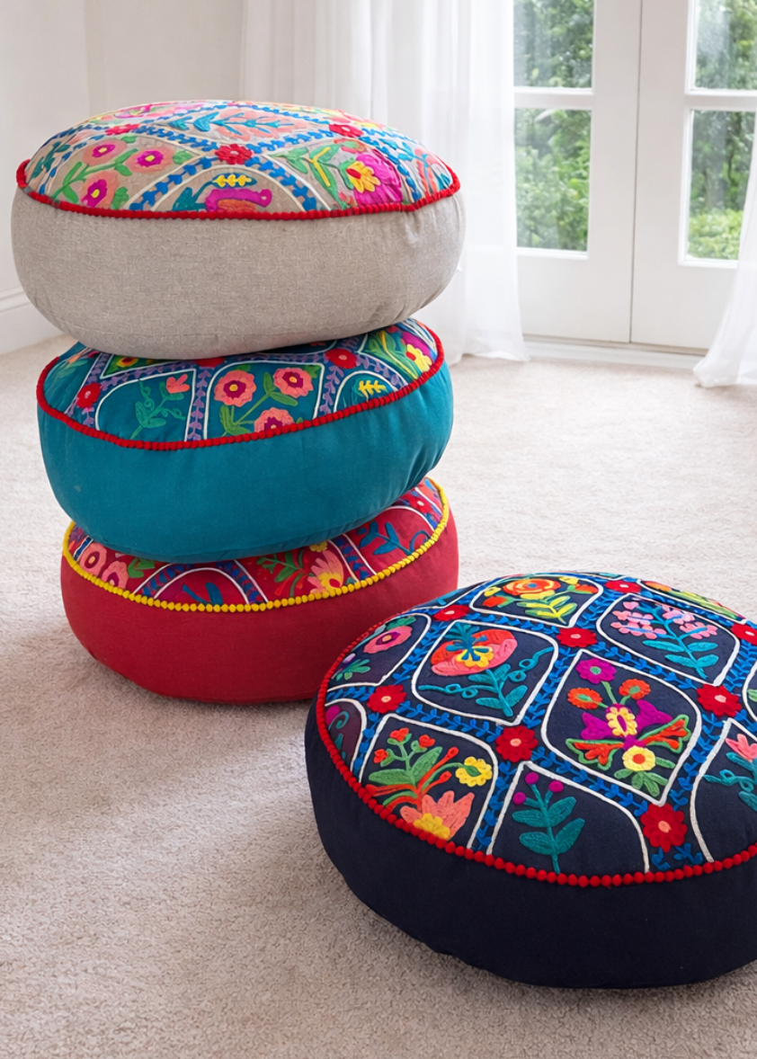 Indian Cotton Embroidered Mini Pouffe Floor Cushion Handwoven – Decorative Yoga & Sofa Cushion (40 x 10 cm) - 4 Colours