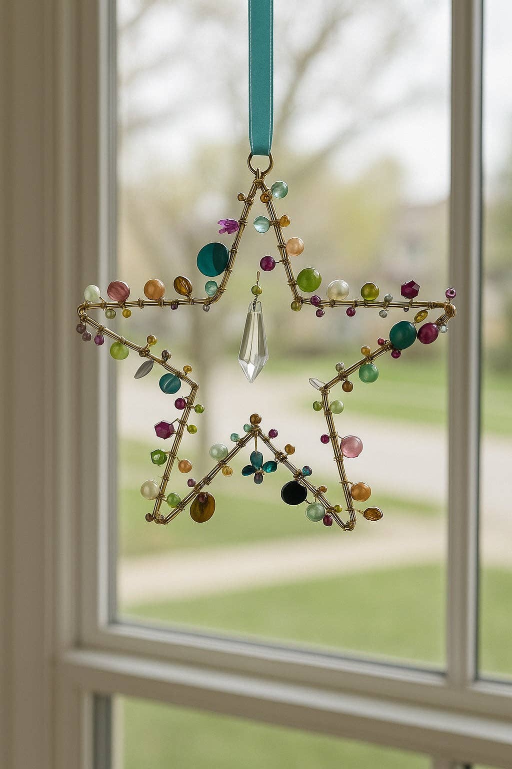 Handcrafted Wire Rainbow 5 Point Star Decoration Light Blue Ribbon – 17 cm