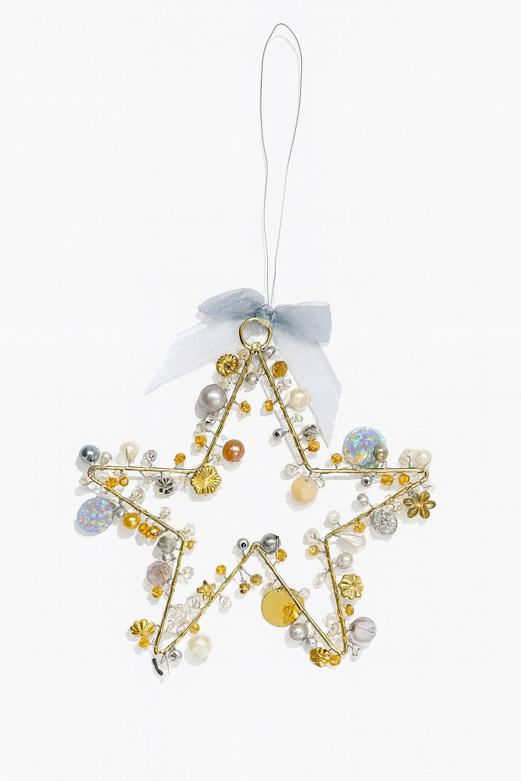 Handmade Beaded Gold Silver Wire Star Decoration – 10cm Hanging Ornaments