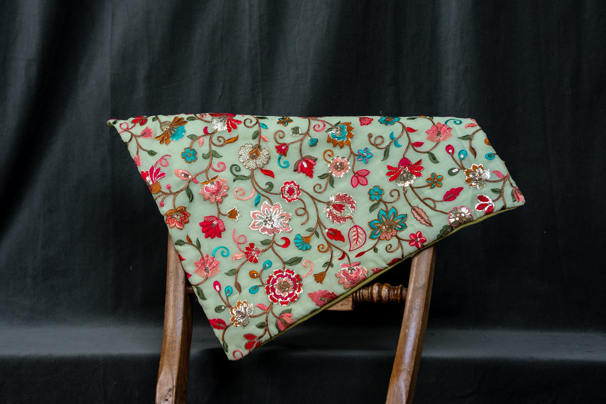 Green and Pink Floral Embroidered Cushion cover
