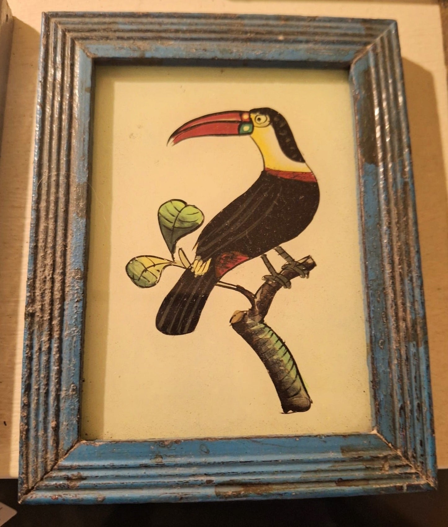 Artwork: Hand painted on glass, vintage framed Indian picture of a Toucan