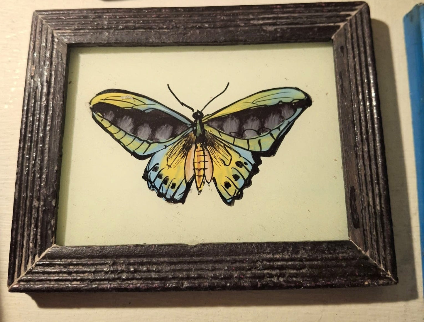 Artwork: Vintage framed Indian hand painted picture of a Butterfly