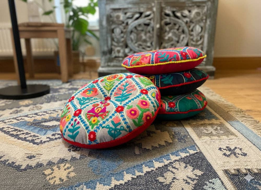 Round Floor Cushion Handmade Indian Embroidered 40cm Cotton Yoga & Seating Pad - 2 Colours