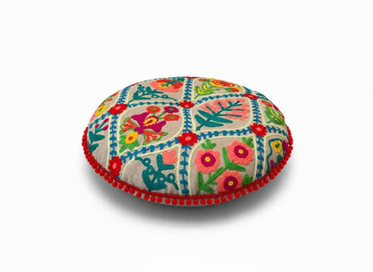 Round Floor Cushion Handmade Indian Embroidered 40cm Cotton Yoga & Seating Pad - 2 Colours