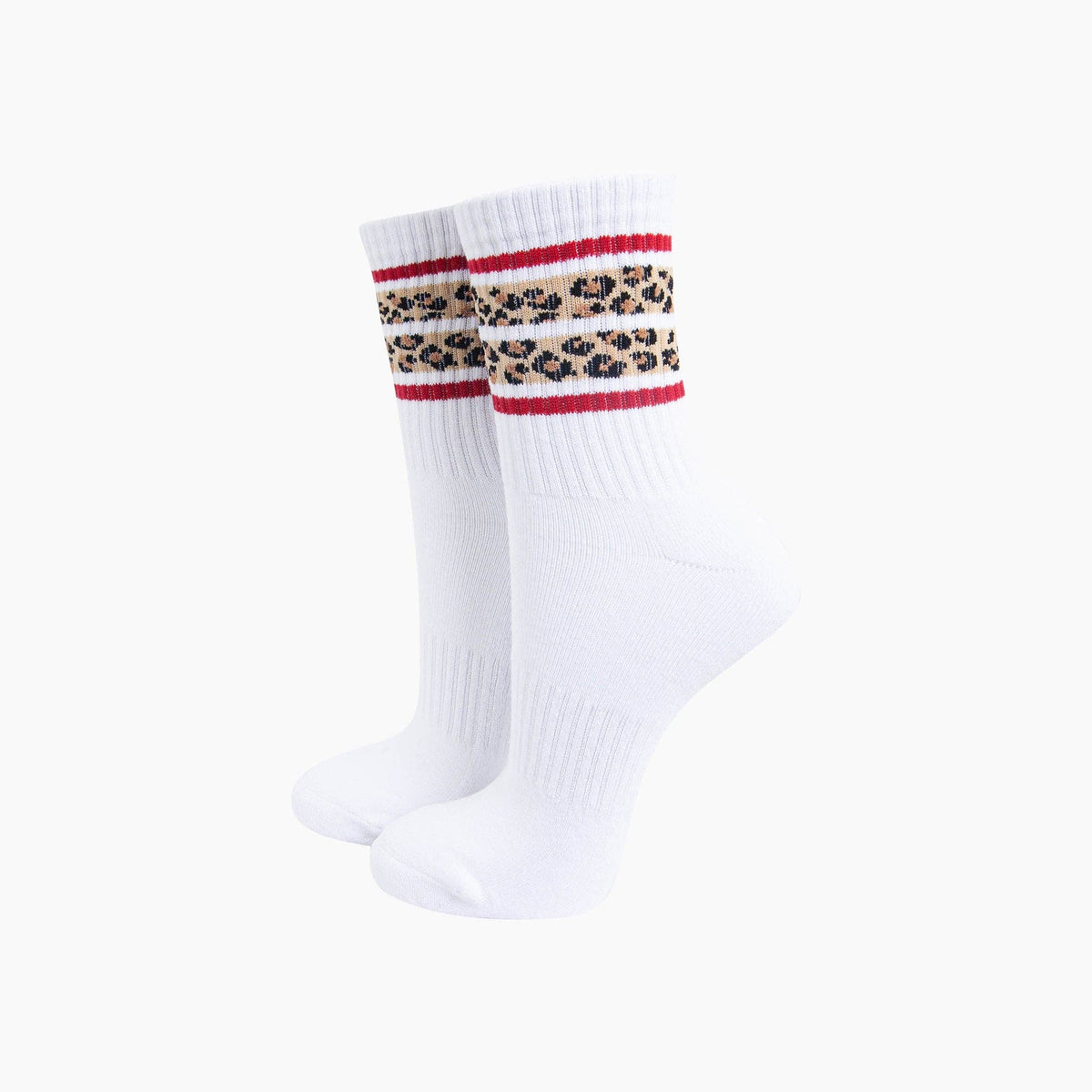 Leopard Print Striped Organic Cotton Sports Socks in White