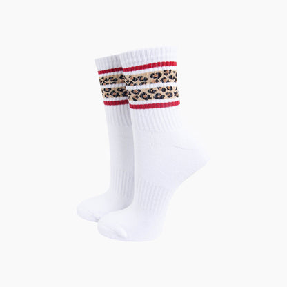 Leopard Print Striped Organic Cotton Sports Socks in White
