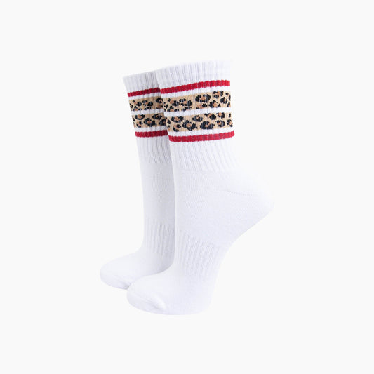 Leopard Print Striped Organic Cotton Sports Socks in White