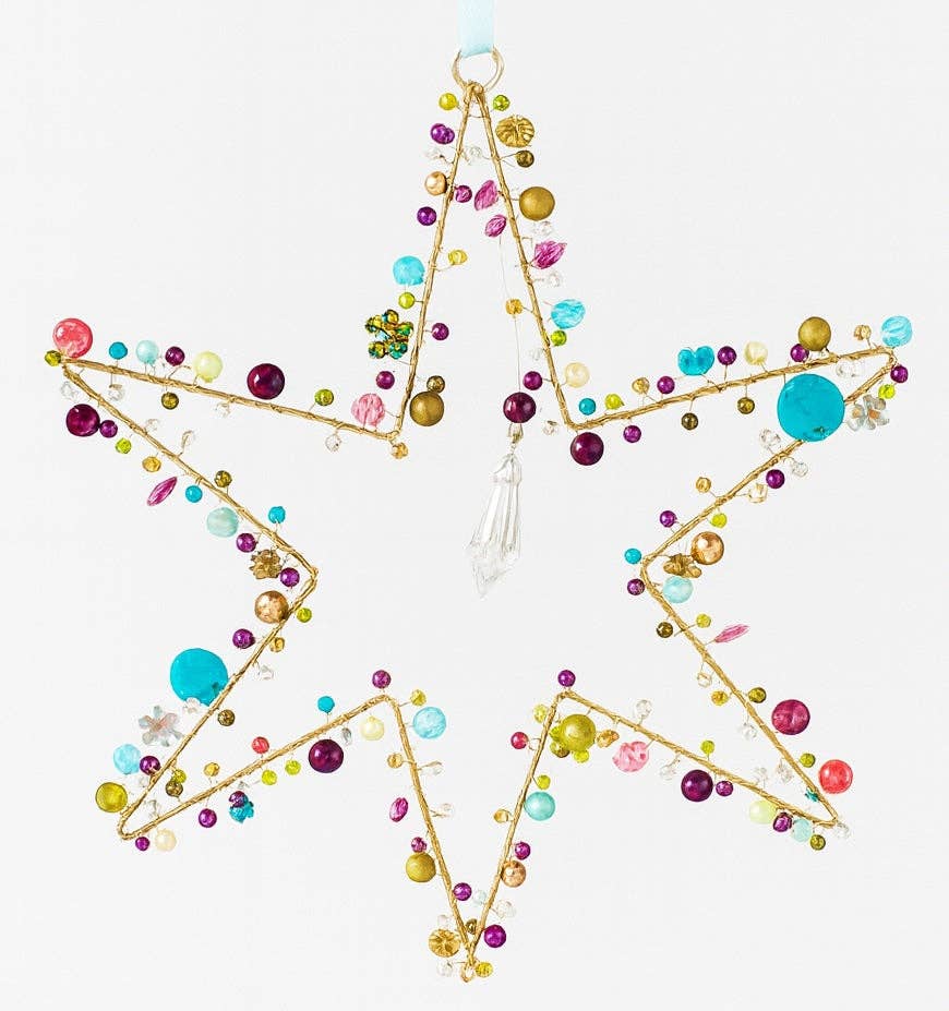 Handcrafted Wire Rainbow 6 Point Star Decoration Light Blue Ribbon – 19 cm x 22 cm