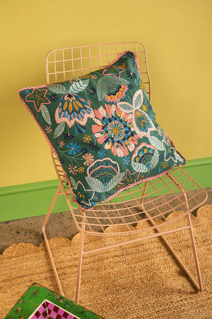 Sea Green Floral Embroidered Cushion Cover