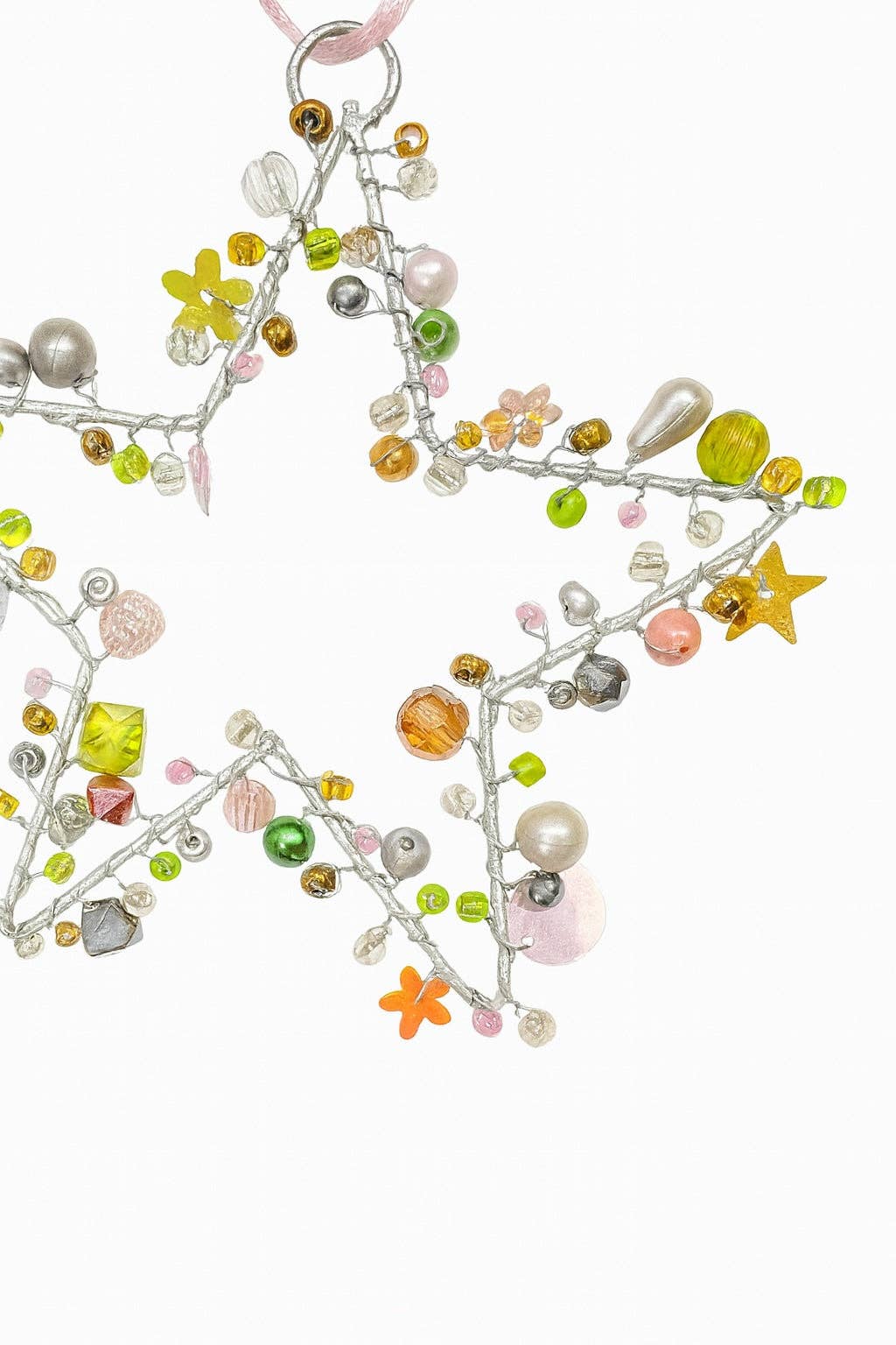 Handmade Beaded Silver Wire Star Pink Green Multi Colour Decoration – 10 cm Hanging Ornaments