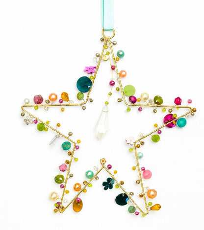 Handcrafted Wire Rainbow 5 Point Star Decoration Light Blue Ribbon – 17 cm