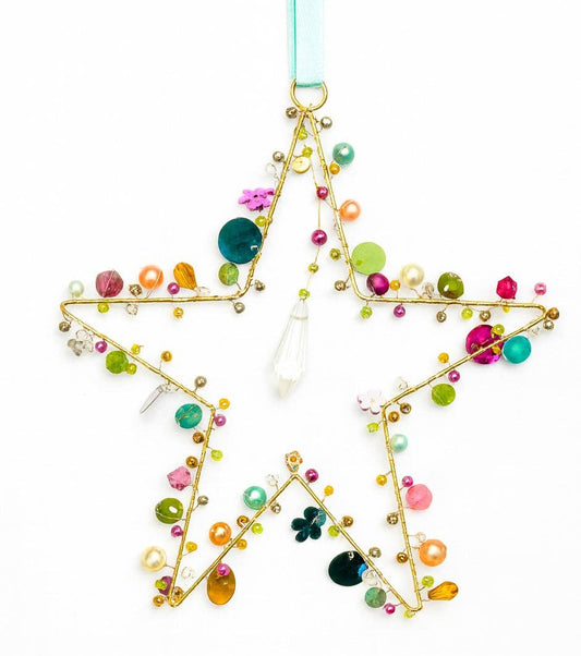 Handcrafted Wire Rainbow 5 Point Star Decoration Light Blue Ribbon – 17 cm