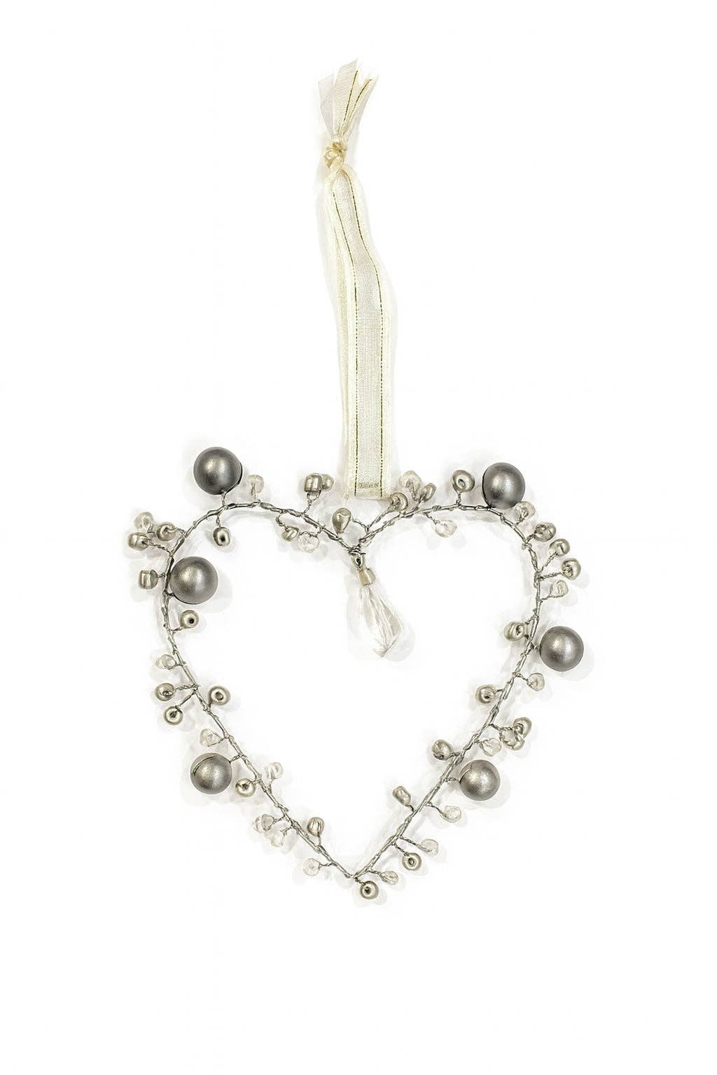 Grey Silver Beaded Gold Wire Heart Decoration – Handmade Pearl & Crystal Wedding Favour, Hanging Love Heart Gift (8cm) (Copy)