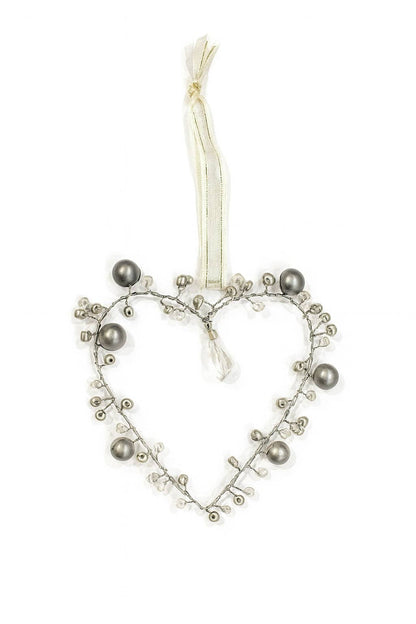 Grey Silver Beaded Gold Wire Heart Decoration – Handmade Pearl & Crystal Wedding Favour, Hanging Love Heart Gift (8cm) (Copy)