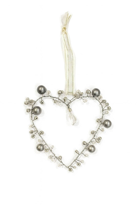 Grey Silver Beaded Gold Wire Heart Decoration – Handmade Pearl & Crystal Wedding Favour, Hanging Love Heart Gift (8cm) (Copy)
