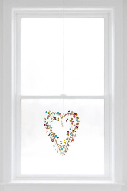 Handmade Beaded Wire Heart Decoration – Multicolour Hanging Ornament with Blue Ribbon | Wedding, Valentine & Love Gift
