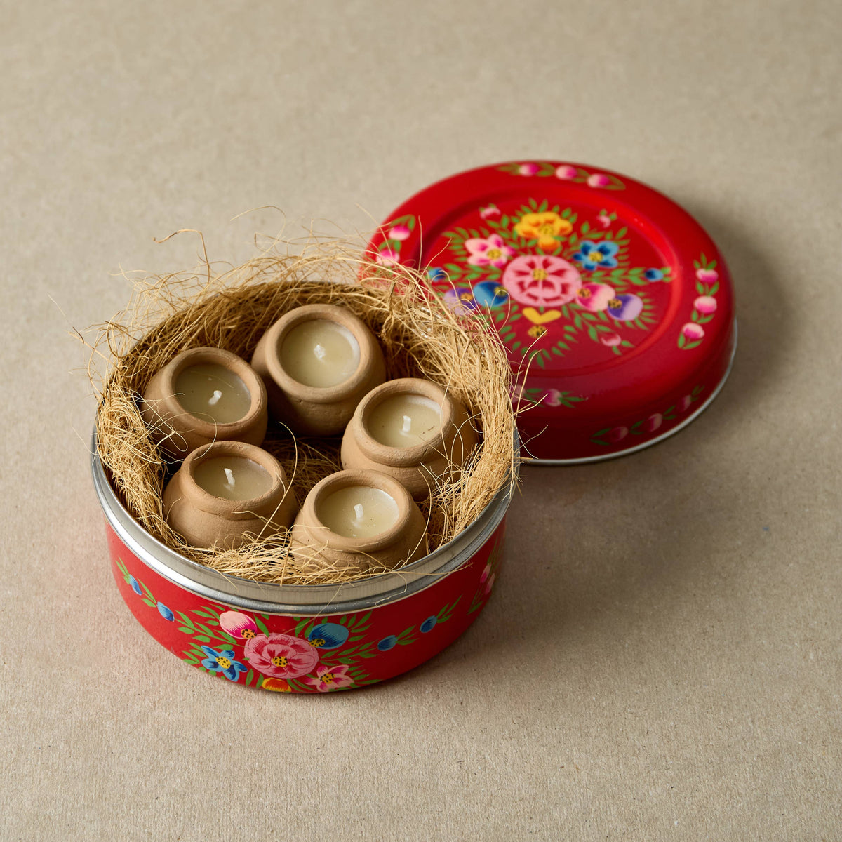 Hand-Painted Candle Gift Tin | x5 Dalit Candles - Red
