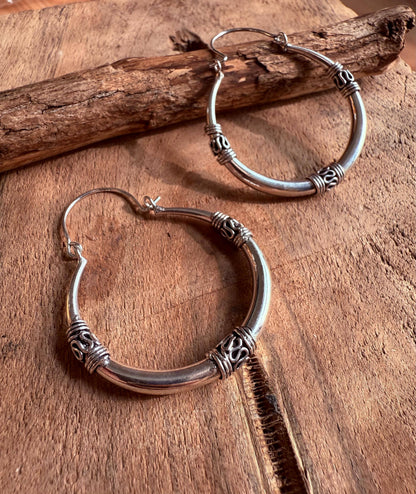Silver Tribal Hoop Earrings