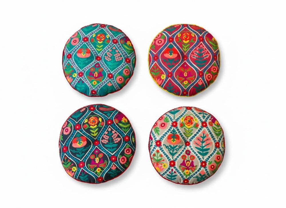 Round Floor Cushion Handmade Indian Embroidered 40cm Cotton Yoga & Seating Pad - 2 Colours