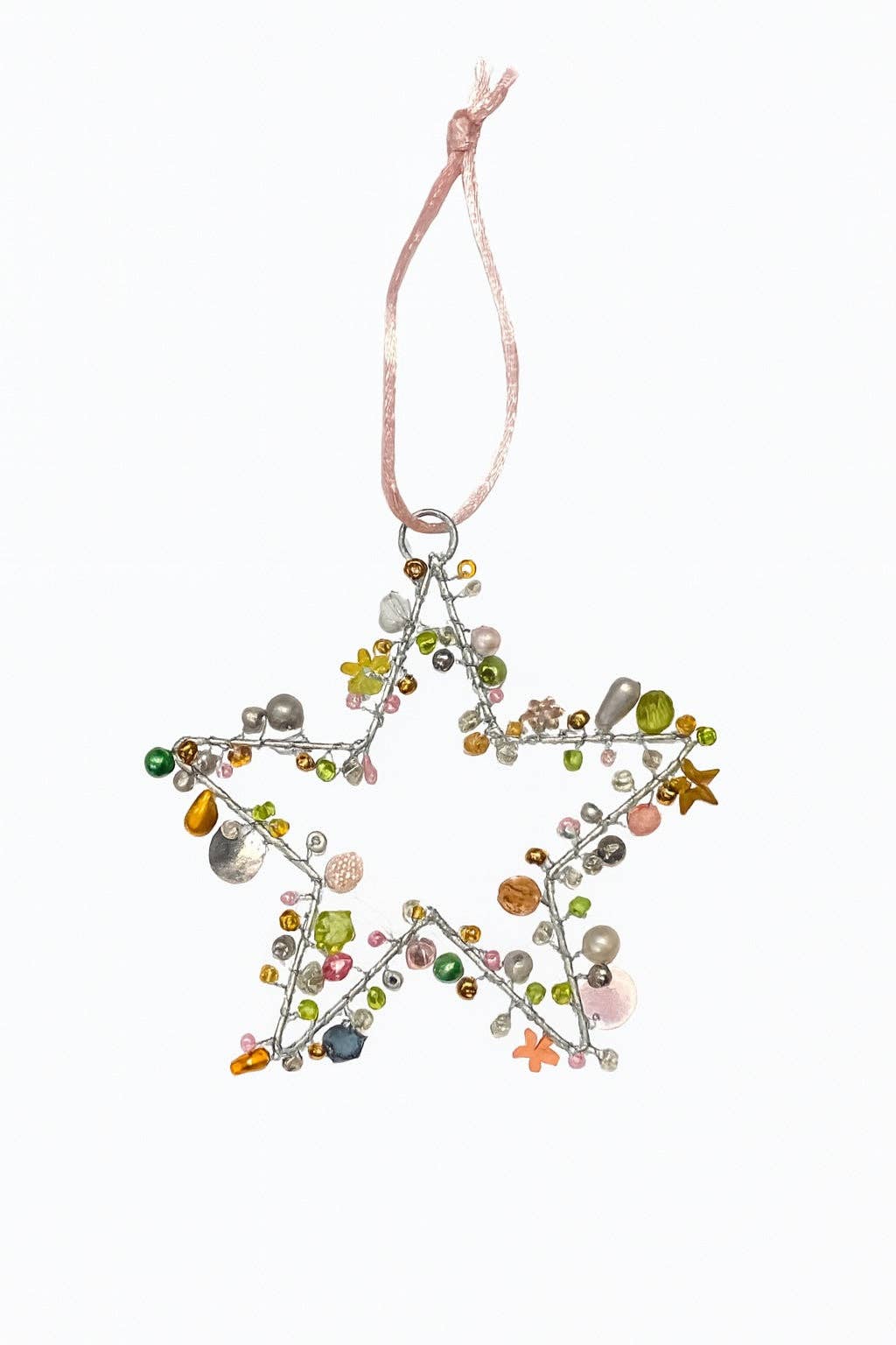 Handmade Beaded Silver Wire Star Pink Green Multi Colour Decoration – 10 cm Hanging Ornaments