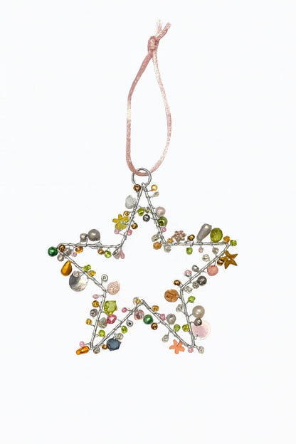 Handmade Beaded Silver Wire Star Pink Green Multi Colour Decoration – 10 cm Hanging Ornaments