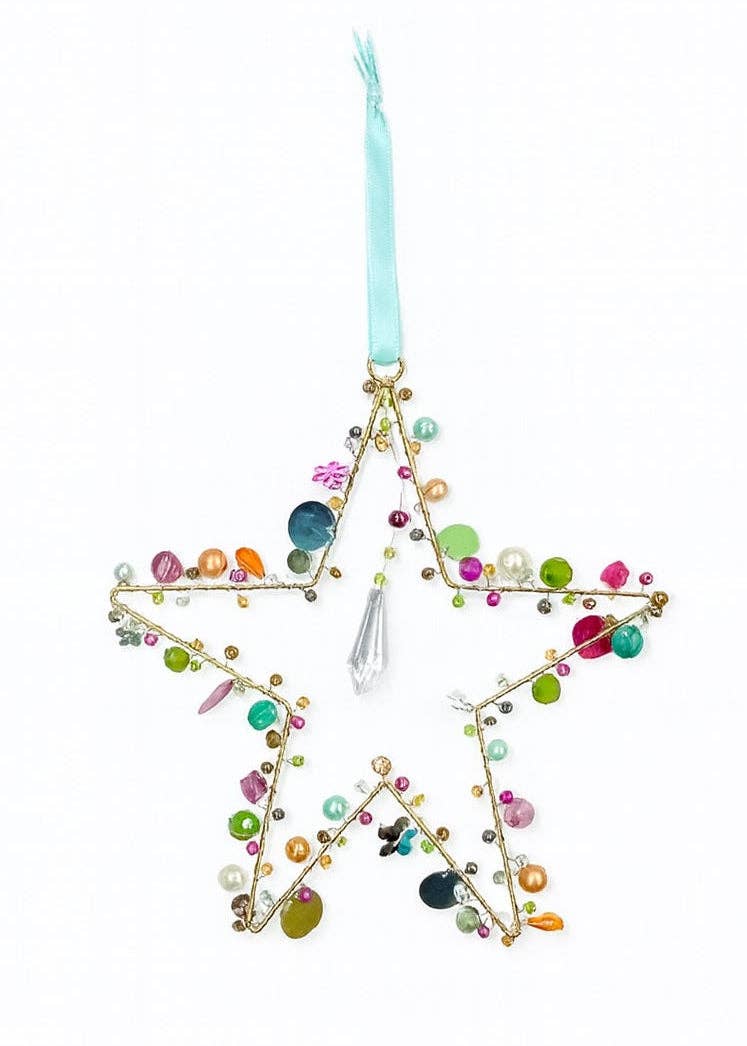 Handcrafted Wire Rainbow 5 Point Star Decoration Light Blue Ribbon – 17 cm