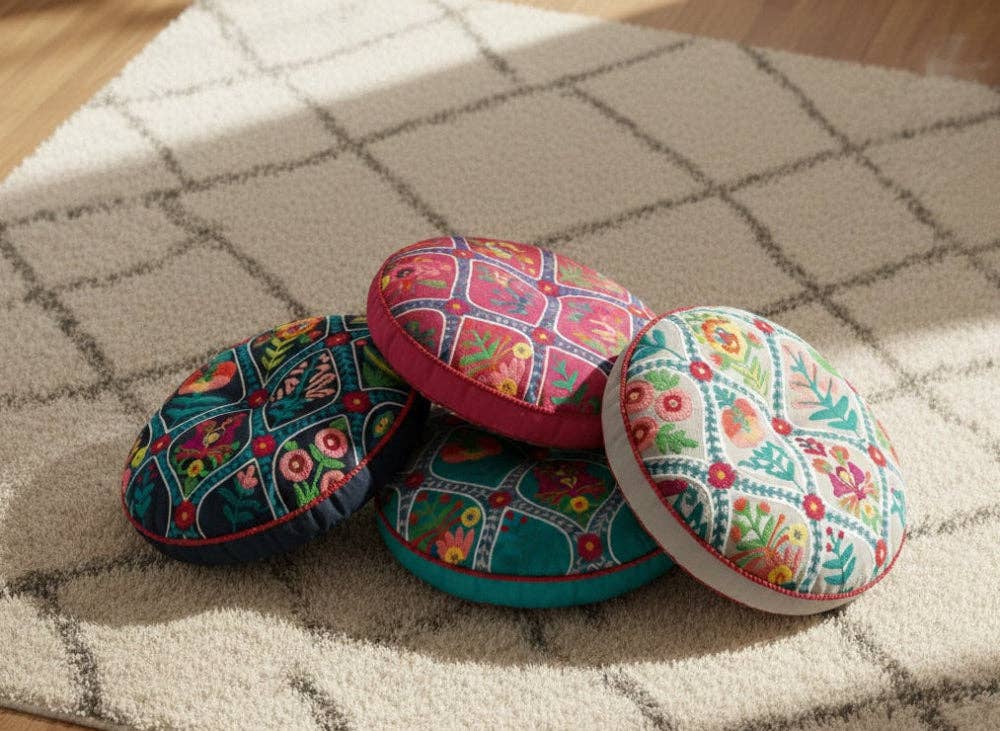 Round Floor Cushion Handmade Indian Embroidered 40cm Cotton Yoga & Seating Pad - 2 Colours
