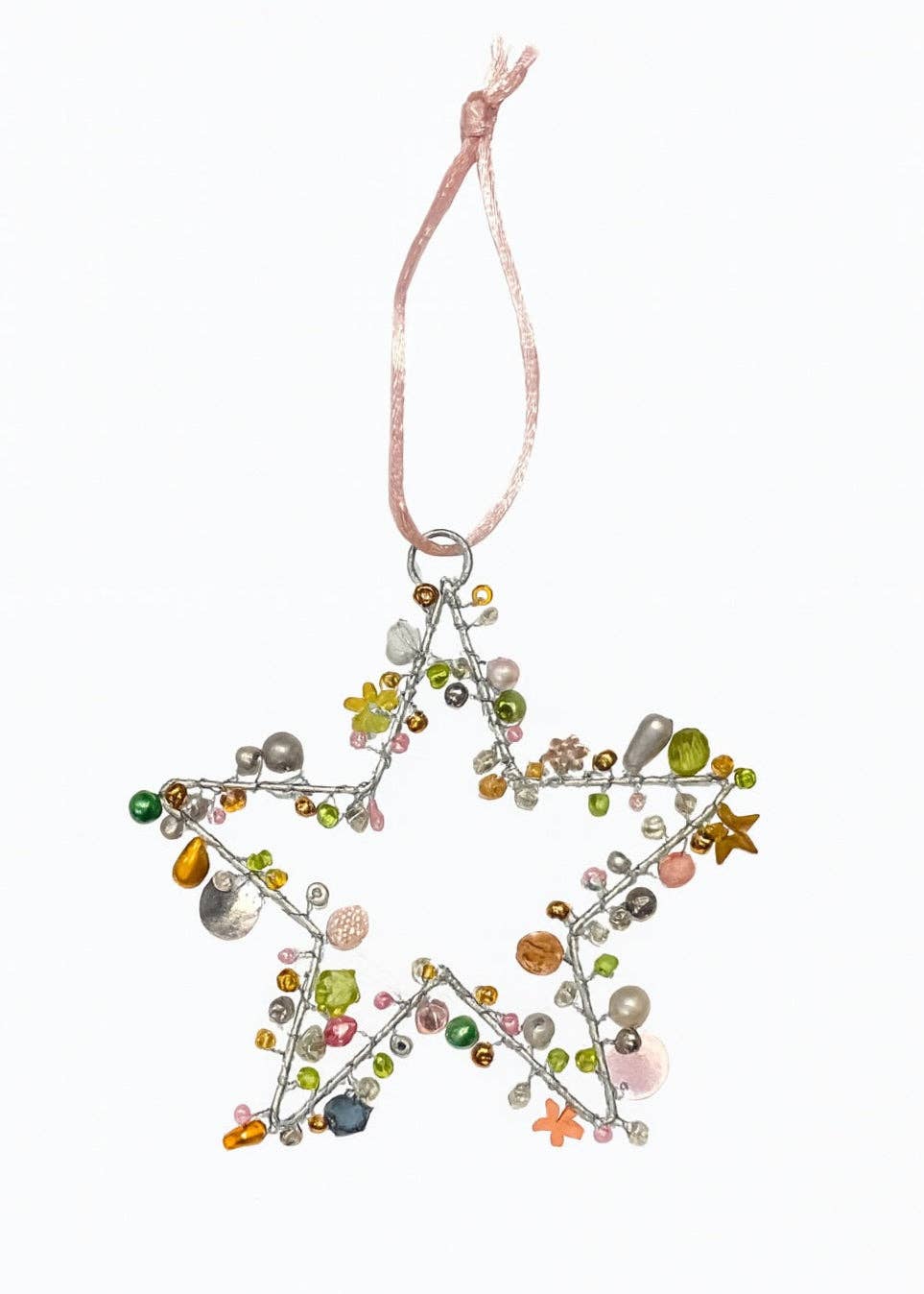 Handmade Beaded Silver Wire Star Pink Green Multi Colour Decoration – 10 cm Hanging Ornaments