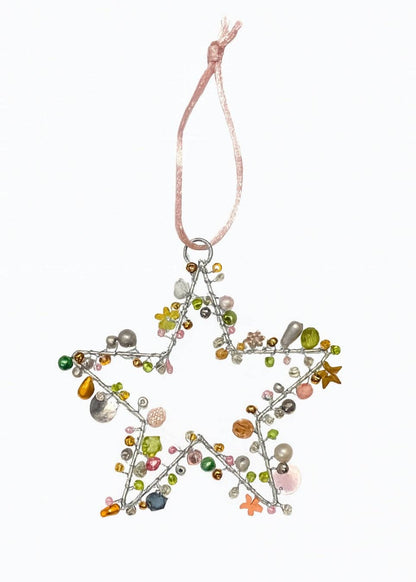 Handmade Beaded Silver Wire Star Pink Green Multi Colour Decoration – 10 cm Hanging Ornaments