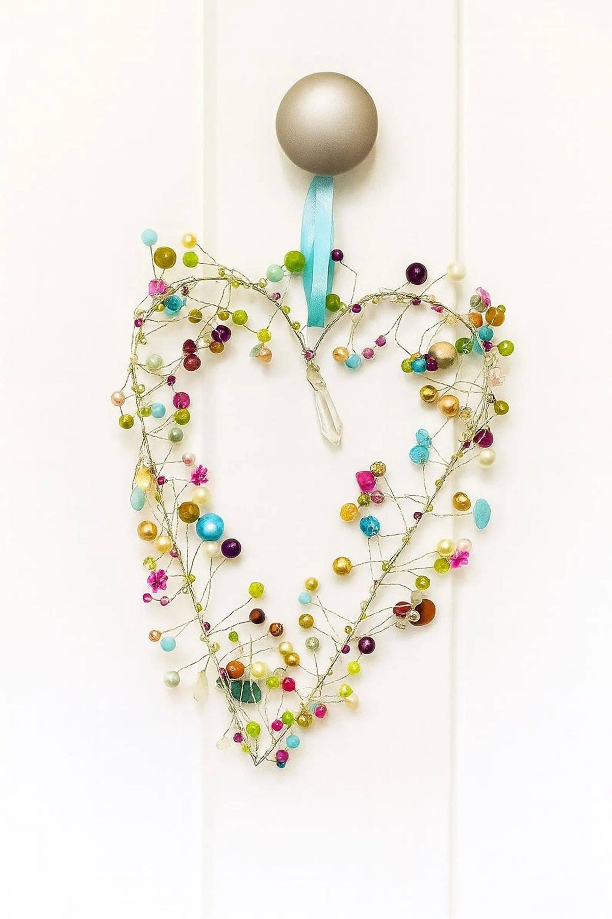 Handmade Beaded Wire Heart Decoration – Multicolour Hanging Ornament with Blue Ribbon | Wedding, Valentine & Love Gift