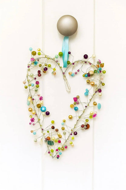 Handmade Beaded Wire Heart Decoration – Multicolour Hanging Ornament with Blue Ribbon | Wedding, Valentine & Love Gift