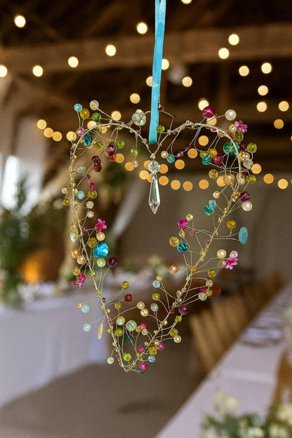 Handmade Beaded Wire Heart Decoration – Multicolour Hanging Ornament with Blue Ribbon | Wedding, Valentine & Love Gift