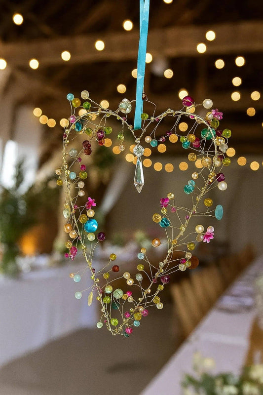 Handmade Beaded Wire Heart Decoration – Multicolour Hanging Ornament with Blue Ribbon | Wedding, Valentine & Love Gift