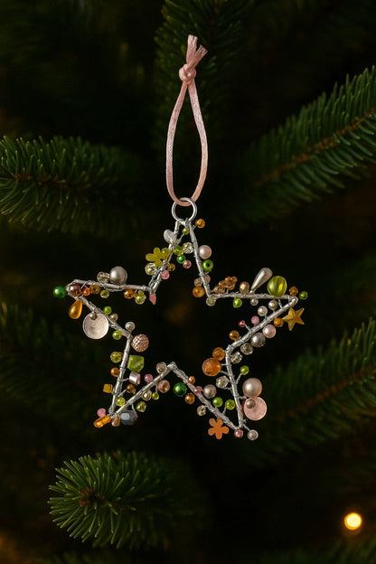 Handmade Beaded Silver Wire Star Pink Green Multi Colour Decoration – 10 cm Hanging Ornaments
