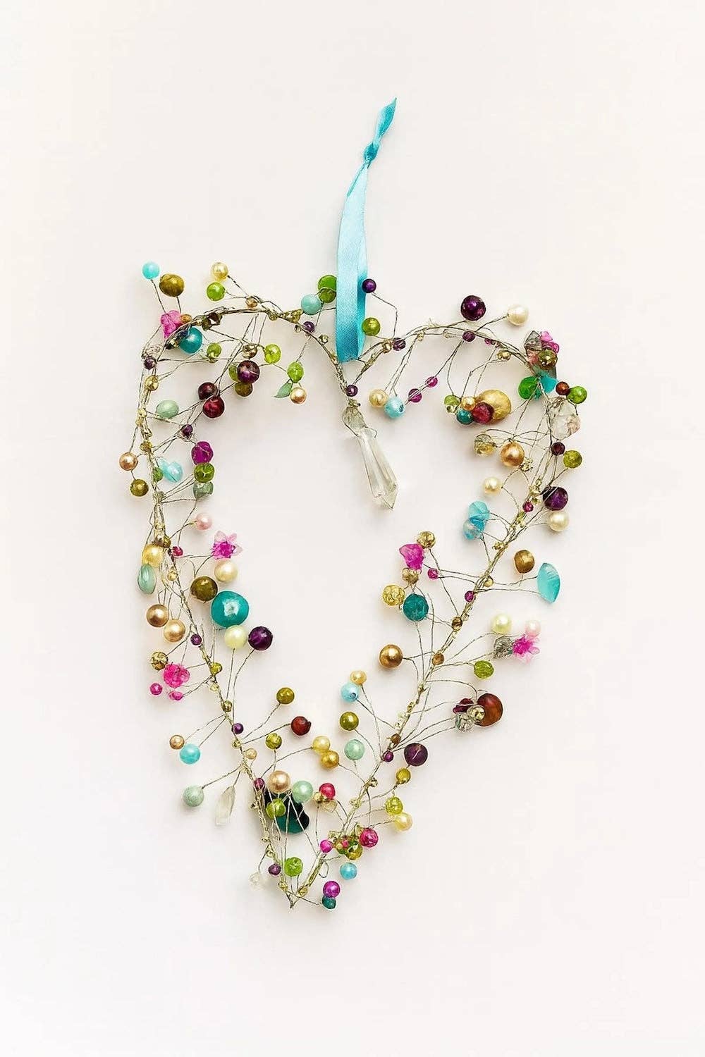 Handmade Beaded Wire Heart Decoration – Multicolour Hanging Ornament with Blue Ribbon | Wedding, Valentine & Love Gift
