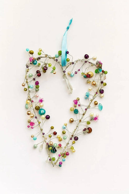 Handmade Beaded Wire Heart Decoration – Multicolour Hanging Ornament with Blue Ribbon | Wedding, Valentine & Love Gift