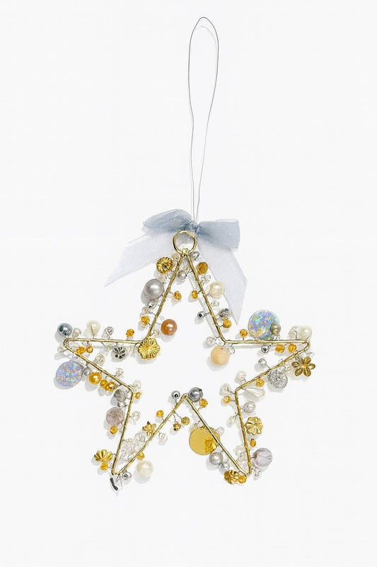 Handmade Beaded Gold Silver Wire Star Decoration – 10cm Hanging Ornaments