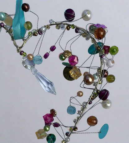 Handmade Beaded Wire Heart Decoration – Multicolour Hanging Ornament with Blue Ribbon | Wedding, Valentine & Love Gift