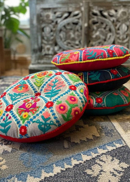 Round Floor Cushion Handmade Indian Embroidered 40cm Cotton Yoga & Seating Pad - 2 Colours