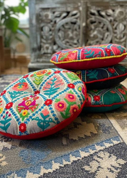 Round Floor Cushion Handmade Indian Embroidered 40cm Cotton Yoga & Seating Pad - 2 Colours