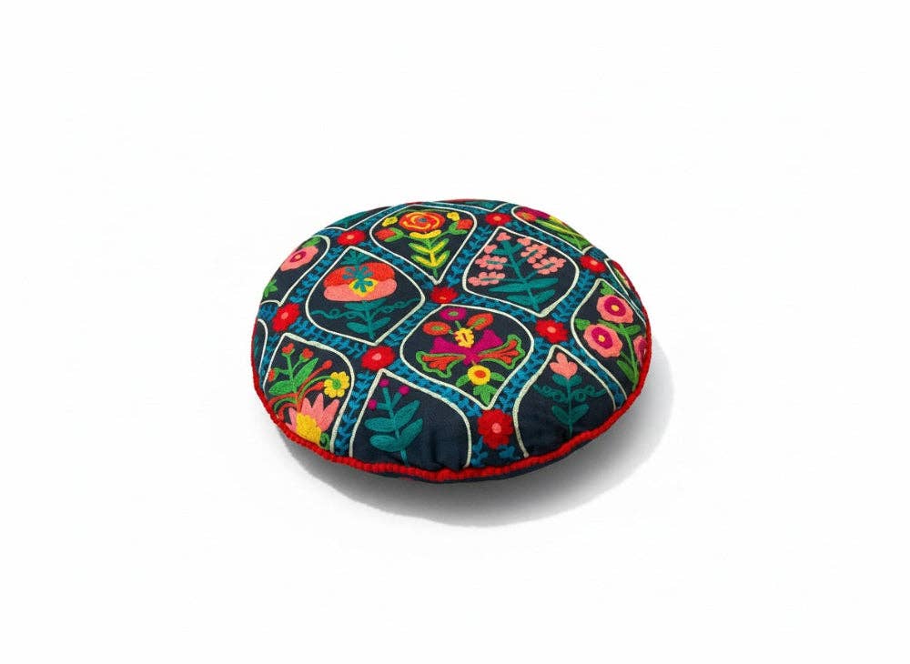 Round Floor Cushion Handmade Indian Embroidered 40cm Cotton Yoga & Seating Pad - 2 Colours