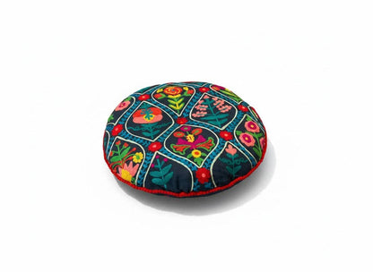 Round Floor Cushion Handmade Indian Embroidered 40cm Cotton Yoga & Seating Pad - 2 Colours