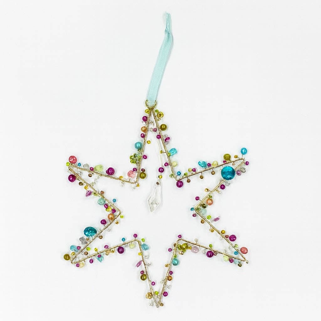 Handcrafted Wire Rainbow 6 Point Star Decoration Light Blue Ribbon – 19 cm x 22 cm