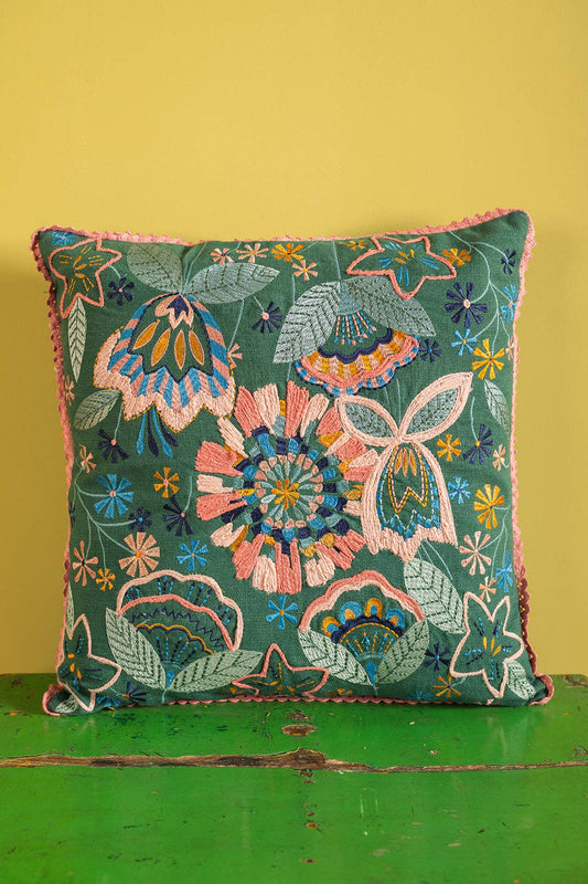 Sea Green Floral Embroidered Cushion Cover