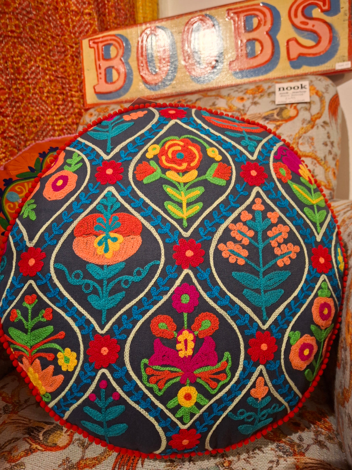 Indian Cotton Embroidered Mini Pouffe Floor Cushion Handwoven – Decorative Yoga & Sofa Cushion (40 x 10 cm) - 4 Colours