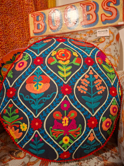 Indian Cotton Embroidered Mini Pouffe Floor Cushion Handwoven – Decorative Yoga & Sofa Cushion (40 x 10 cm) - 4 Colours