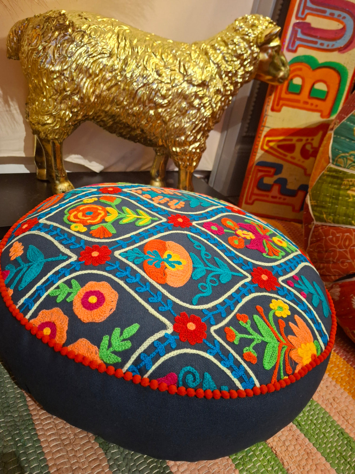 Indian Cotton Embroidered Mini Pouffe Floor Cushion Handwoven – Decorative Yoga & Sofa Cushion (40 x 10 cm) - 4 Colours