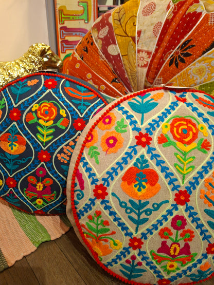 Indian Cotton Embroidered Mini Pouffe Floor Cushion Handwoven – Decorative Yoga & Sofa Cushion (40 x 10 cm) - 4 Colours