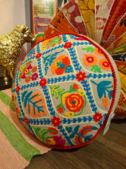Indian Cotton Embroidered Mini Pouffe Floor Cushion Handwoven – Decorative Yoga & Sofa Cushion (40 x 10 cm) - 4 Colours